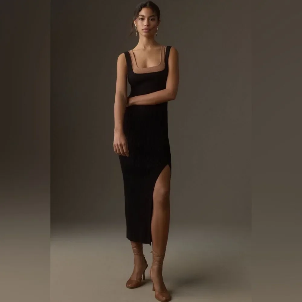 Anthropologie Small Black Knit Ribbed Sleeveless Side-Slit Sweater Midi Dress